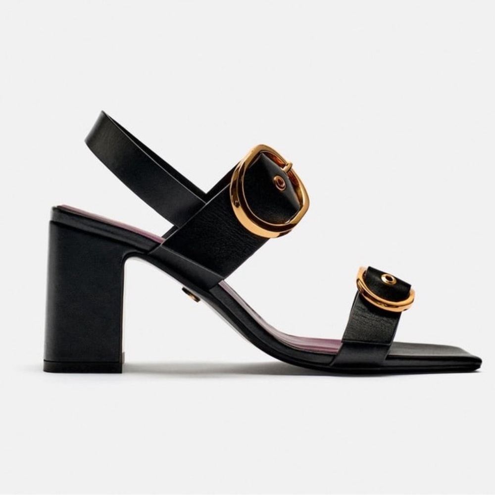 Zara Black Leather‎ Block Heel Buckled Sandals. Size 8